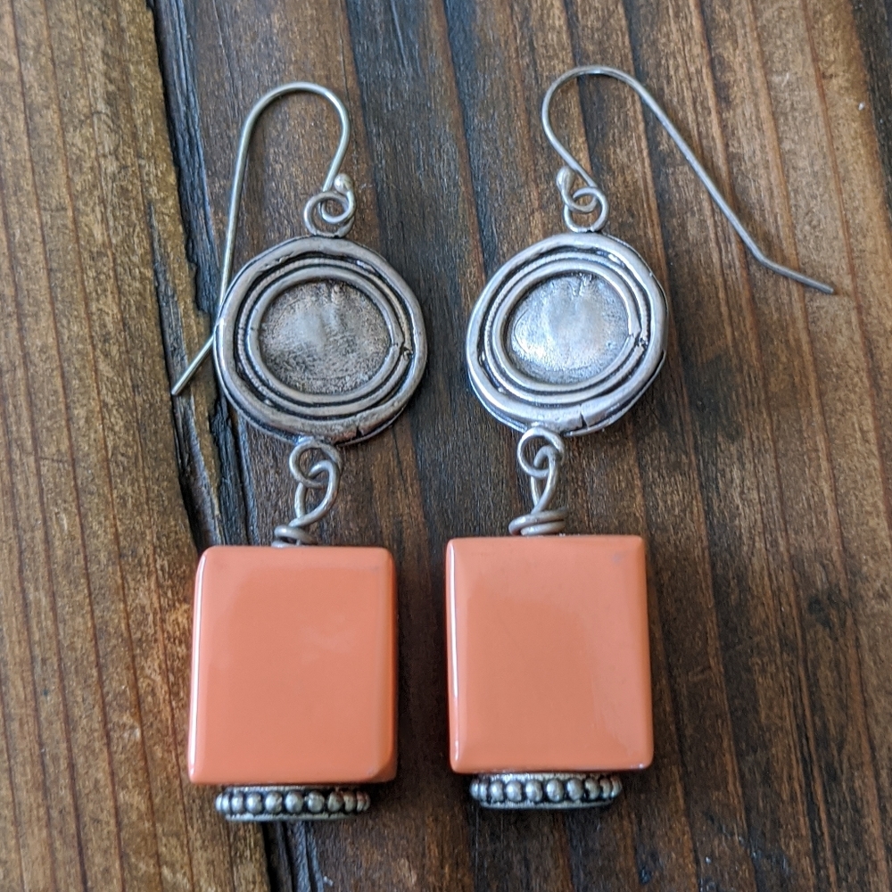 Handmade Sterling Silver And Peach Murano Glass Earrings.